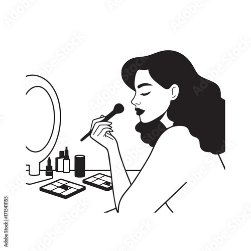 Black and white line art of a beautiful woman doing makeup at dressing table with mirror illustration