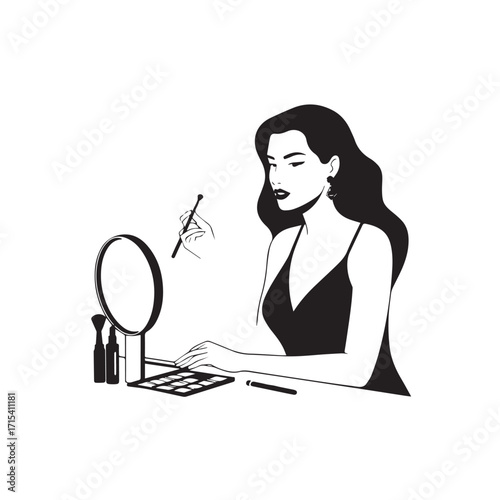 Black and white line art of a beautiful woman doing makeup at dressing table with mirror illustration
