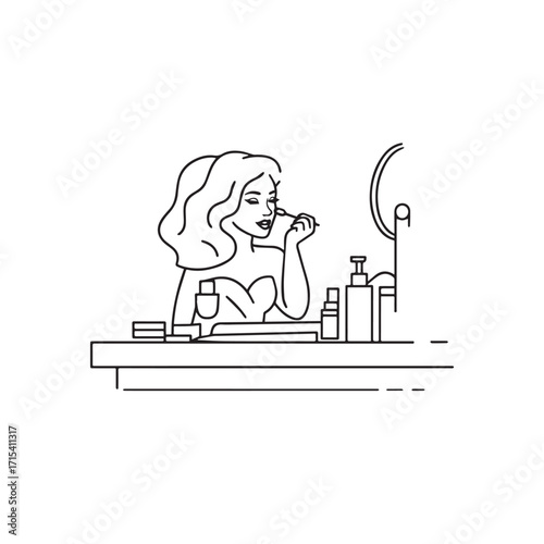 Black and white line art of a beautiful woman doing makeup at dressing table with mirror illustration