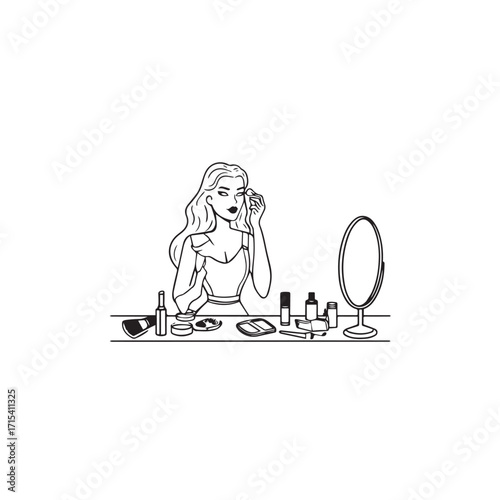Black and white line art of a beautiful woman doing makeup at dressing table with mirror illustration