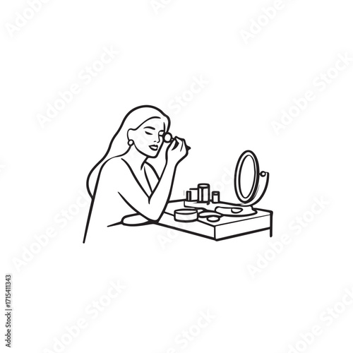 Black and white line art of a beautiful woman doing makeup at dressing table with mirror illustration
