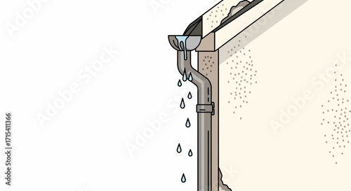 Rain Gutter with Water Dripping from Downspout.