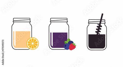 Three Mason Jars with Refreshing Fruit Drinks and Straws.
