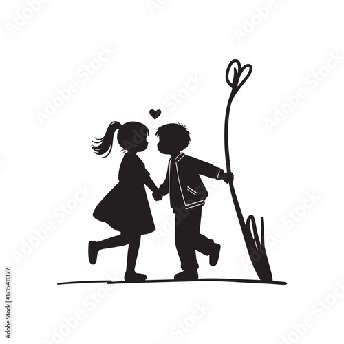 A black silhouette illustration of a boy and a girl holding hands and leaning in as if about to kiss. 