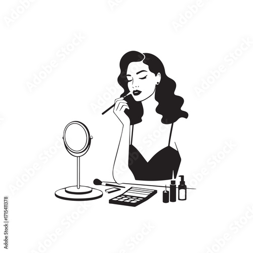 Black and white line art of a beautiful woman doing makeup at dressing table with mirror illustration