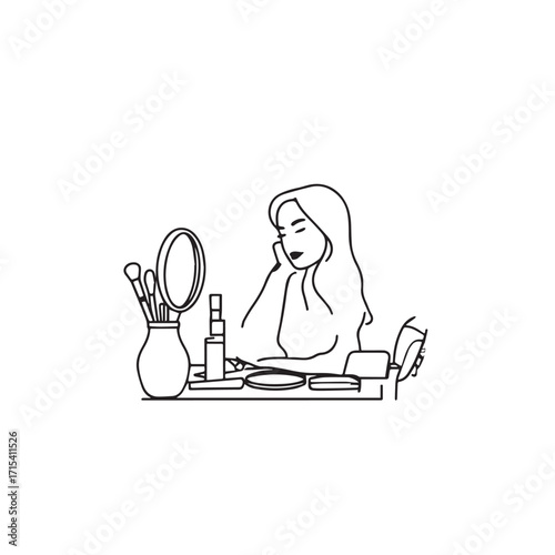 Black and white line art of a beautiful woman doing makeup at dressing table with mirror illustration