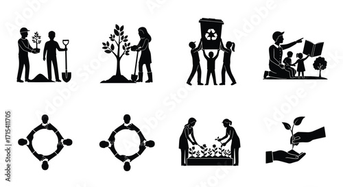 Black silhouette icons showing different teamwork and collaboration activities, representing business cooperation and community connection.