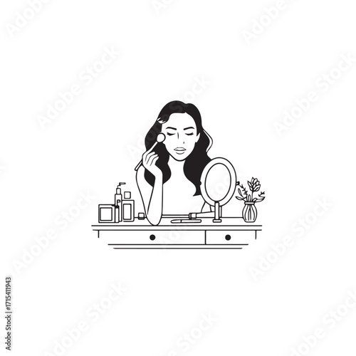 Black and white line art of a beautiful woman doing makeup at dressing table with mirror illustration