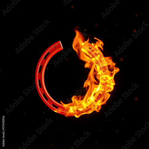 Red burning horseshoe on dark background. Lucky symbol for 2026 Year of the Fire Horse.