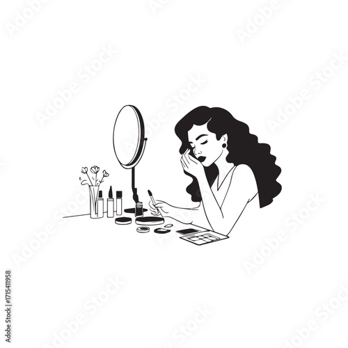 Black and white line art of a beautiful woman doing makeup at dressing table with mirror illustration