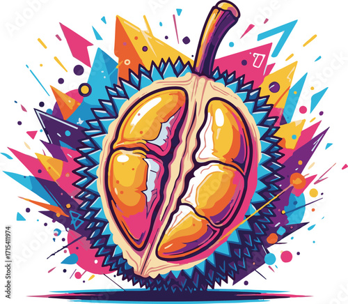 Vibrant Pop Art Durian Illustration with Dynamic Geometric Abstract Shapes and Colorful Splatters, Evoking a Modern and Energetic Artistic Vibe