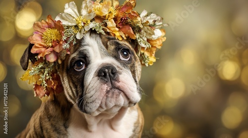 Cute Bulldog Puppy Running Through Yellow Flower Field – Adorable Dog Outdoors Photography