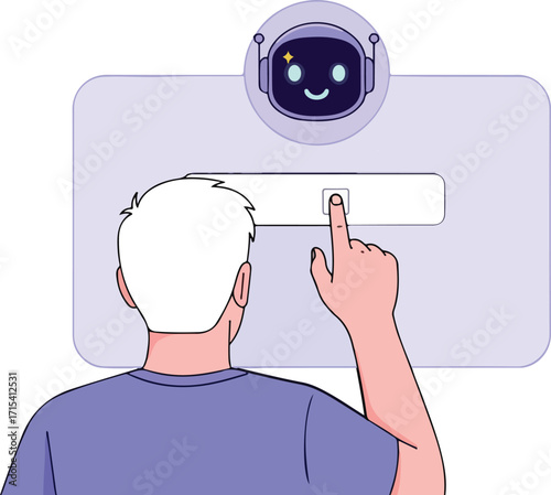 Man interacting with a chatbot on a digital interface isolated on white background