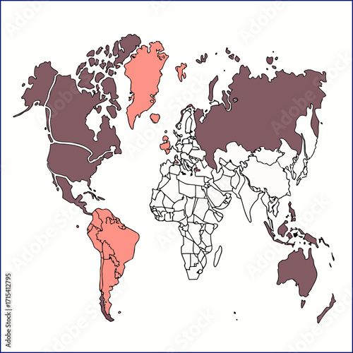 World map. Flat Earth worldmap with continent silhouettes