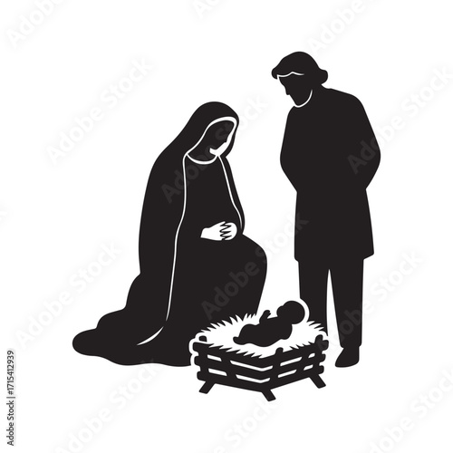A serene nativity silhouette with Mary, Joseph, and baby Jesus in manger.