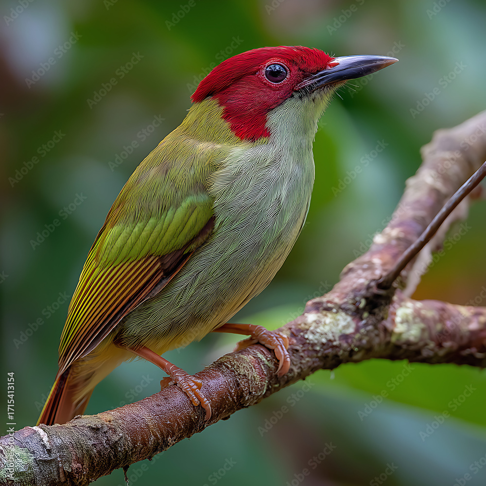 Obraz premium Vibrant Green and Red Tropics Bird Perched on a Tree Branch in its Native South American Habitat - Close-Up Photography of Colorful Wildlife in a Serene Forest Background