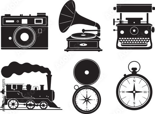 Vintage icons: camera, train, gramophone, compass, typewriter