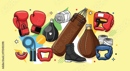 Vector set of boxing equipment including gloves, punching bag, boots, and accessories, colorful sports illustration for training and combat.