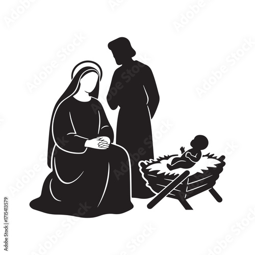 A serene nativity silhouette with Mary, Joseph, and baby Jesus in manger.