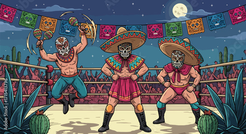 Festive illustration of lucha libre wrestlers performing under Mexican fiesta decorations, colorful celebration of culture and tradition.
