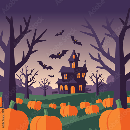 Spooky haunted house with pumpkins and bats for Halloween on a foggy night