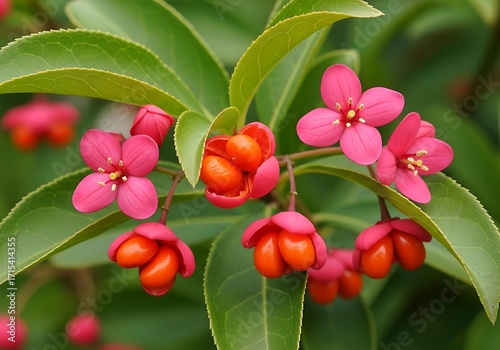 Delicate Spindle Tree Blooms Displaying a Captivating Contrast Between Petals and Berries