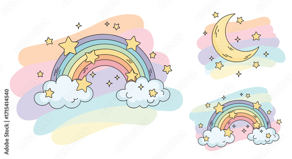 Fototapeta premium A whimsical collection of pastel rainbows clouds and stars with a crescent moon.