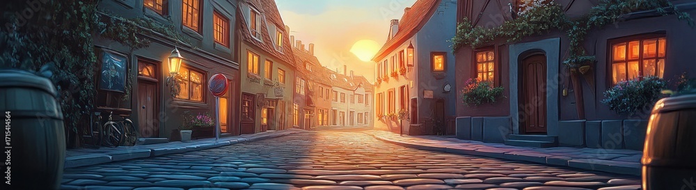 Fototapeta premium Cozy cobblestone street at sunset with warm glowing windows in charming old houses and soft street lamps lighting a peaceful village scene