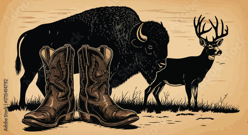 Vintage illustration of bison and deer standing next to cowboy boots, western style design symbolizing nature, heritage, and tradition.