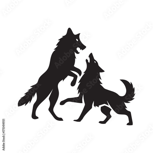 A vector silhouette illustration of a fight between two wolves.
