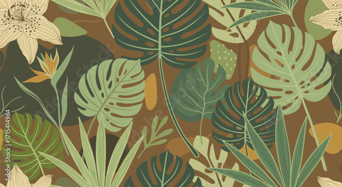 A lush jungle pattern featuring an array of tropical plants and flowers in varying shades of green and brown with hints of orange and yellow.
