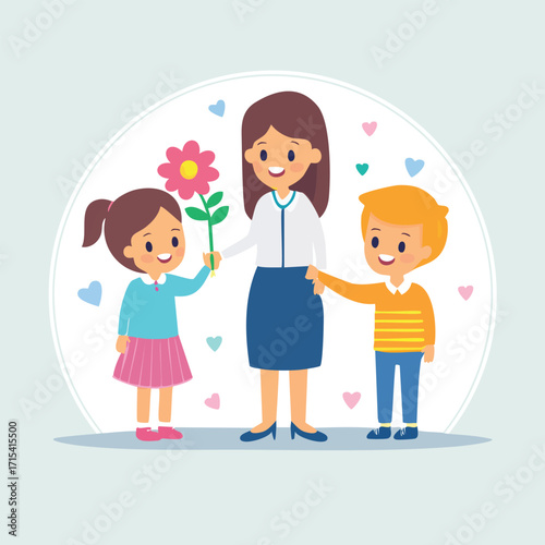 Teacher Appreciated Children Giving Flower to Teacher on Teacher's Day