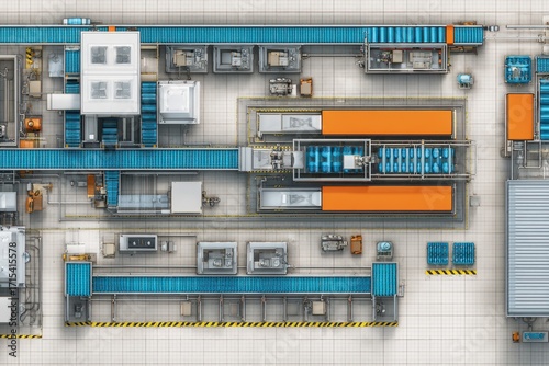 Overhead View of a Modern Industrial Factory Layout.