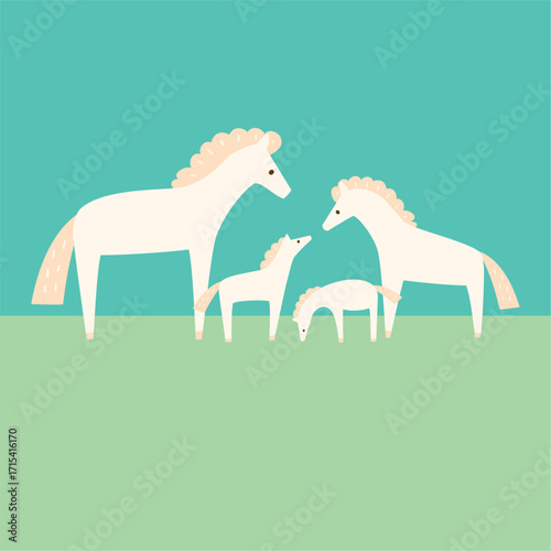 草原にたたずむ白馬の親子4頭のベクターイラスト