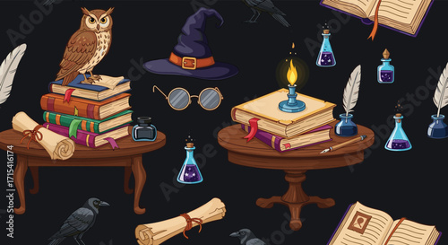 A whimsical collection of magical items and mystical creatures for fantasy themes.