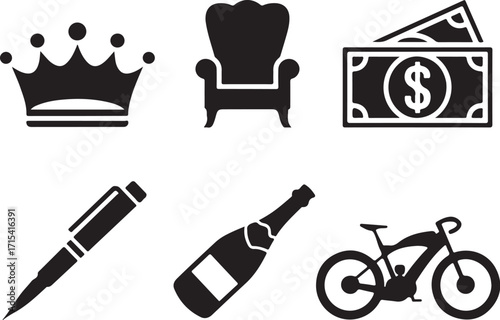 Luxury, wealth, success icons: crown, chair, money, pen, bottle, bike