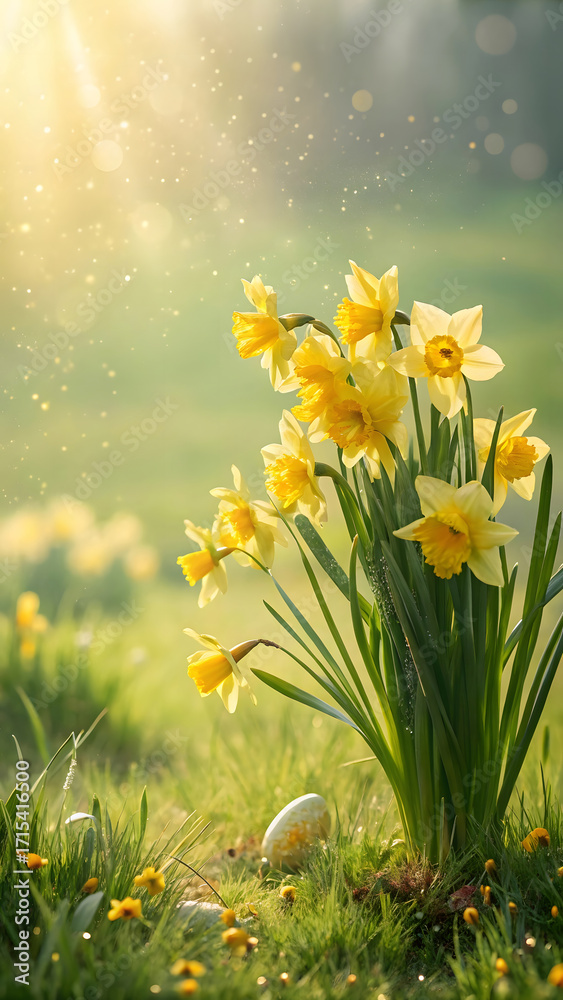 Fototapeta premium A cluster of bright yellow daffodils bathed in warm, golden sunlight, with a hint of an Easter egg nestled in the grass.