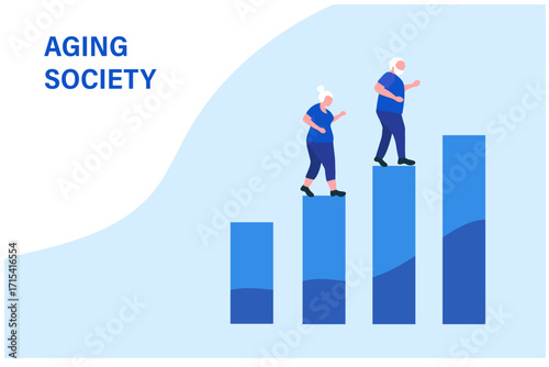 Aging society concept, world population aging because of low birth. Increasing senior elderly people vector illustration