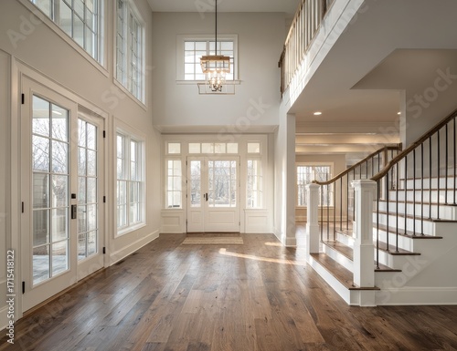 Sunlit two-story entryway with hardwood floors, staircase, and French doors