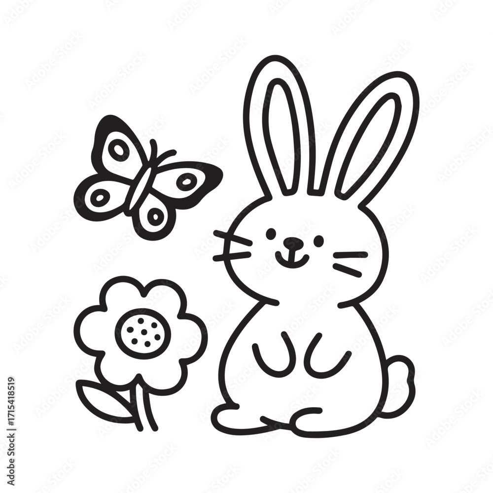 Obraz premium Cute Smiling Easter Bunny with Long Ears and Flower Silhouette. 