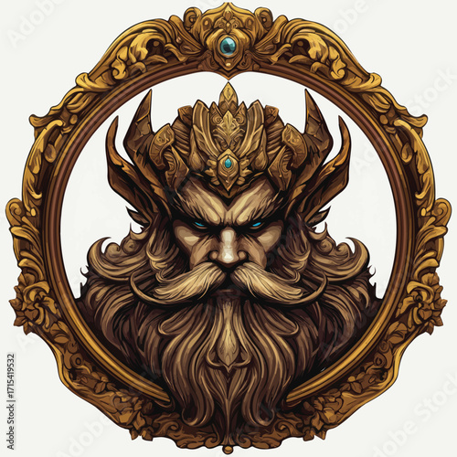 Dark Brown Beast Head Portrait Mythology Illustration in Antique Gold Frame	