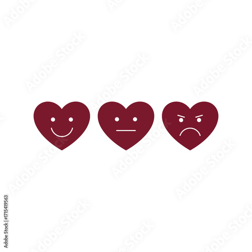 Three heart emoticons showing happy neutral and angry emotions for feedback or mood assessment vector