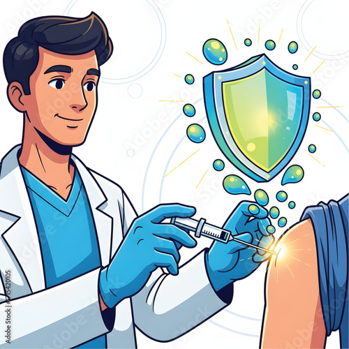 A smiling doctor in blue gloves administers a protective vaccine injection to a patient's arm, symbolizing immunity with a glowing shield.