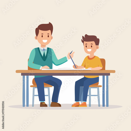 A teacher patiently guiding a young student through their homework at a wooden desk, fostering a positive learning environment