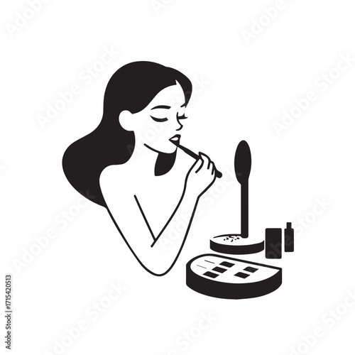 Black and white line art of a beautiful woman doing makeup at dressing table with mirror illustration