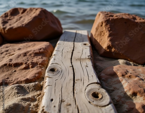 Serene Beach Scene with Weathered Wooden Plank