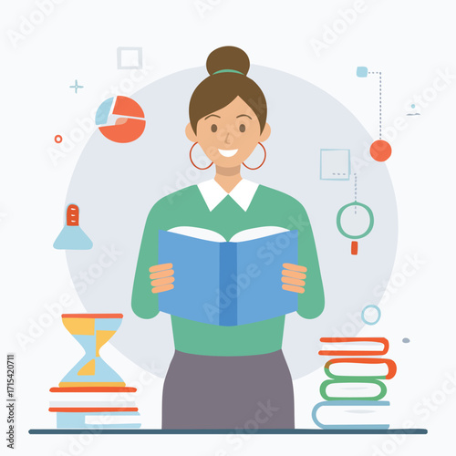 Illustration of a young woman enthusiastically reading an open book, surrounded by educational elements like an hourglass and stack of books, symbolizing learning and knowledge acquisition
