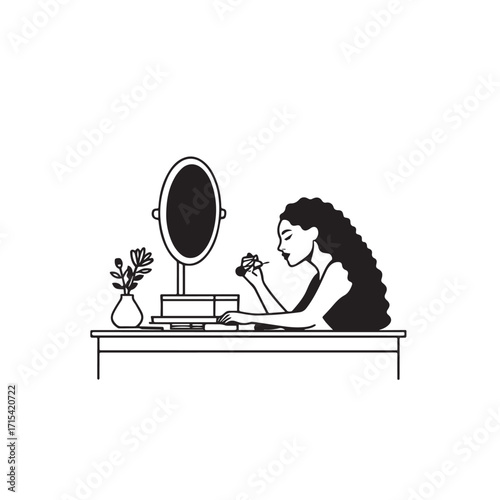 Black and white line art of a beautiful woman doing makeup at dressing table with mirror illustration