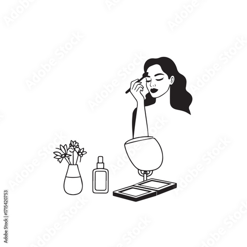 Black and white line art of a beautiful woman doing makeup at dressing table with mirror illustration