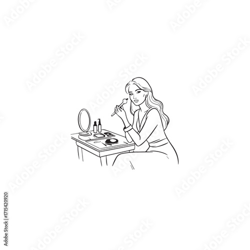 Black and white line art of a beautiful woman doing makeup at dressing table with mirror illustration